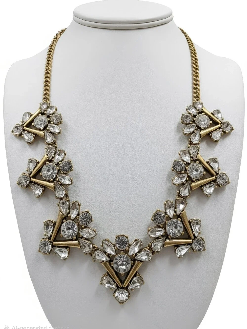 J Crew Brass Clear Crystal Triangle Cluster Statement Bib Necklace